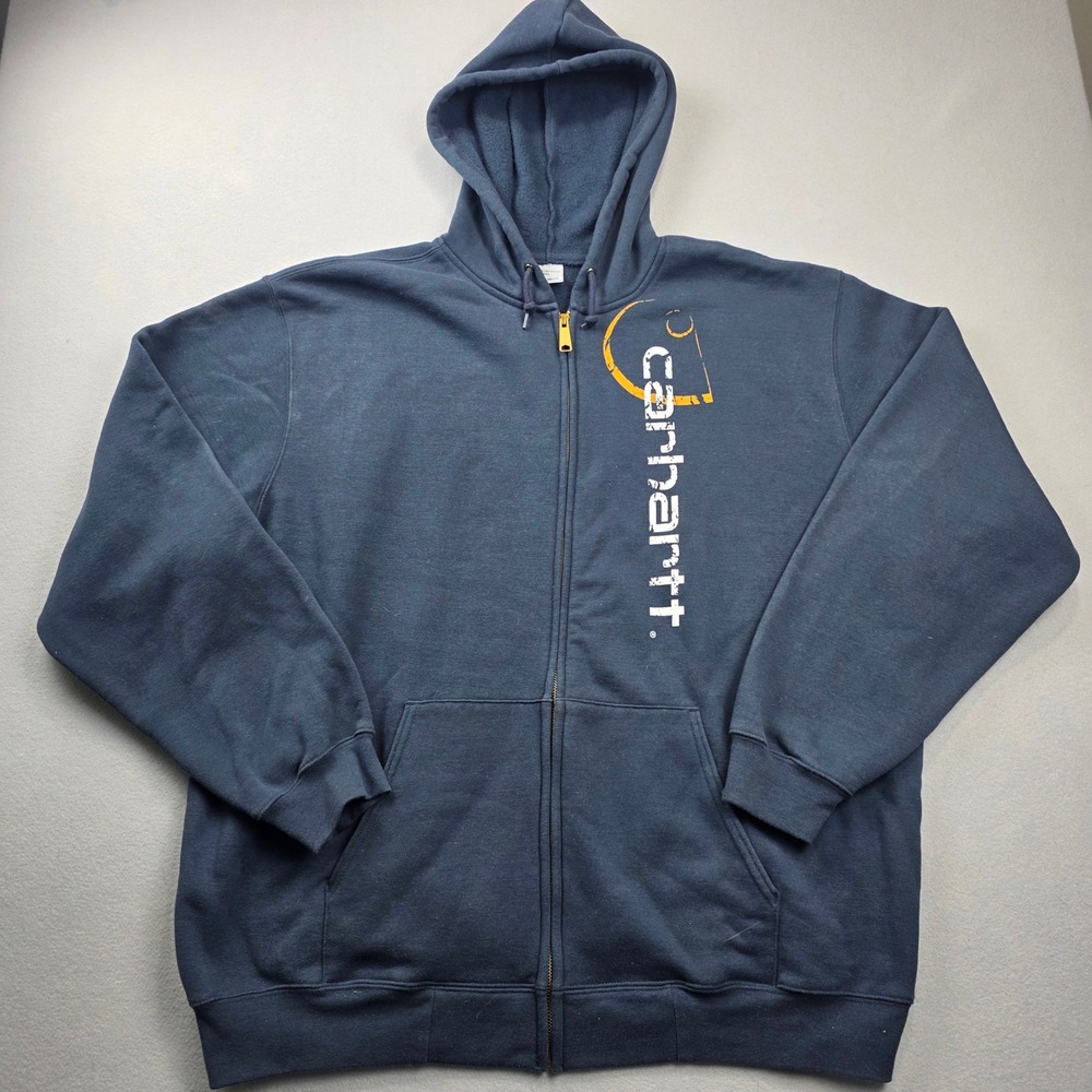 Carhartt Mens 2XL Navy Blue Full Zip Hoodie Distressed Graphic Logo 100077 472